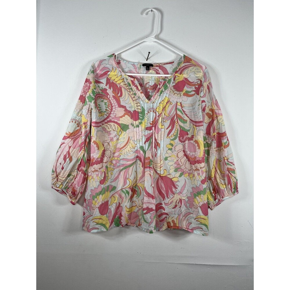 Talbots Blouse Womens Petite Medium MP Floral V Neck 3/4 Sleeve Tunic Top